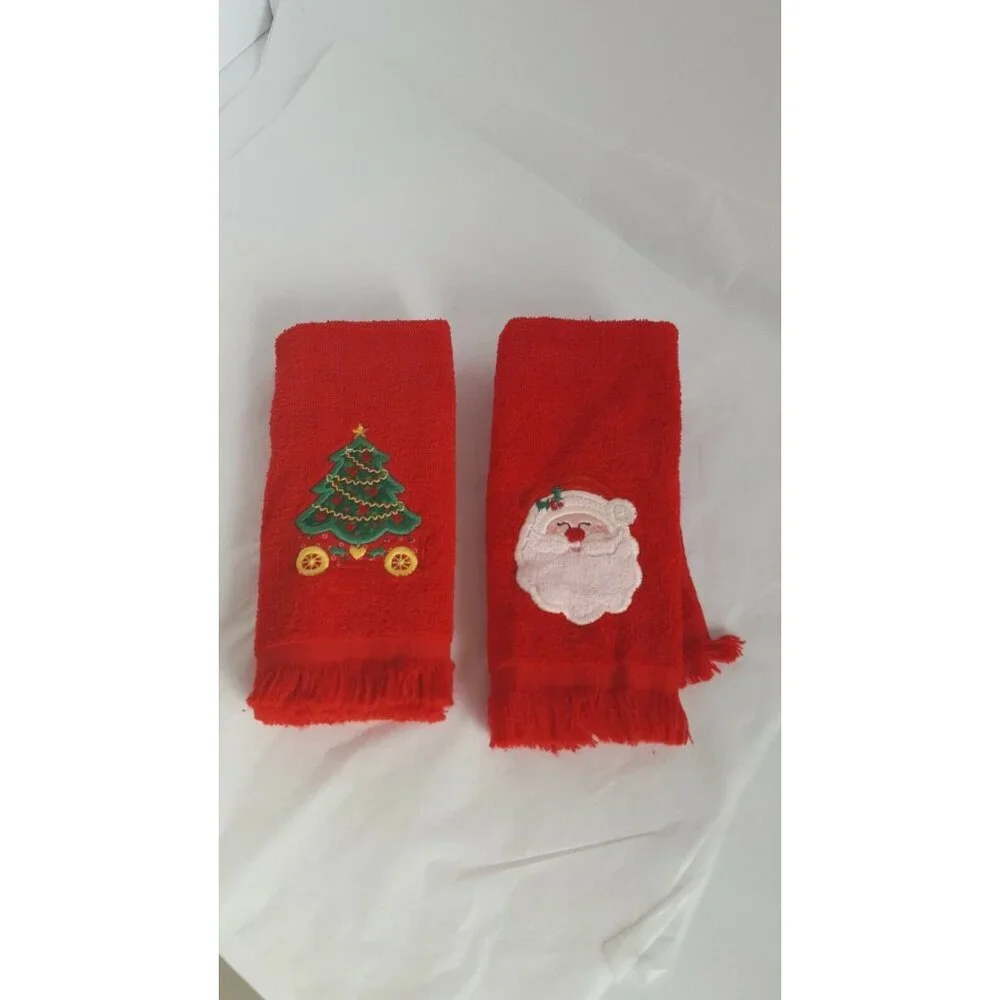 3 Vtg Red Finger Tip Hand Towels Christmas MCM Holiday Santa Tree Joy